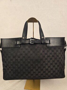 Gucci Black Monogram GG Canvas Tote Bag Textured Leather Trim Buckle Belt